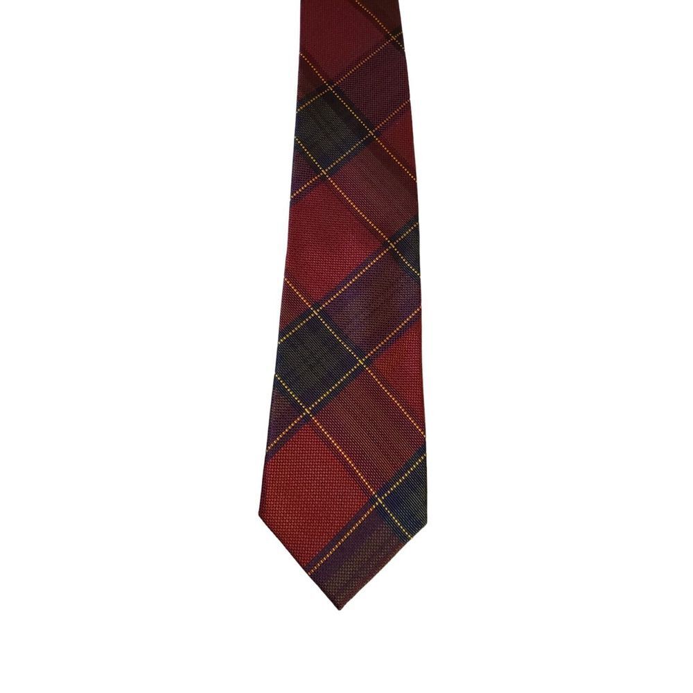 Vintage Lands End Plaid Necktie Red Green Yellow Plaid 100% Silk Preppy Business